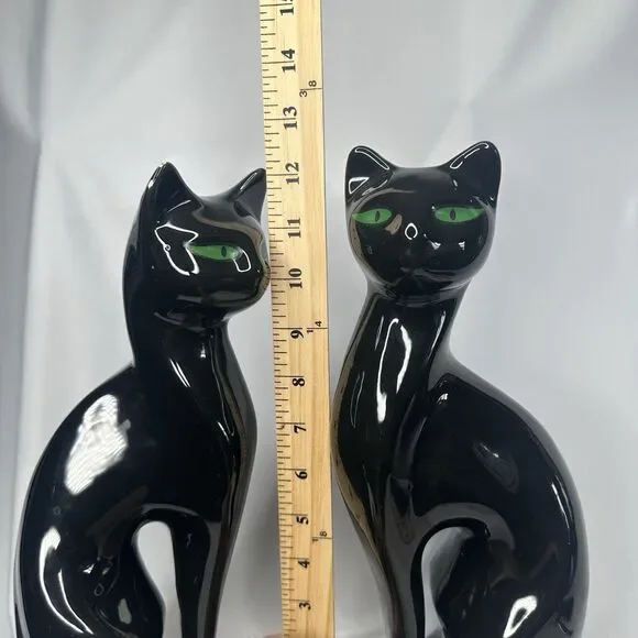 VTG Artmark Fine Ceramic Midnight Shadows Pair of Black Cats Green Eyes 12.5 in - Picture 11 of 12